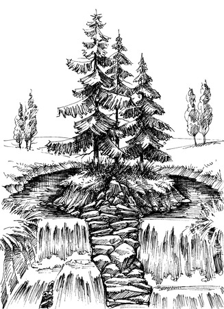 Alpine waterfall. Mountain river landscape drawingのイラスト素材