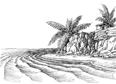 Sea view, small beach and palm trees. Vector illustration.のイラスト素材