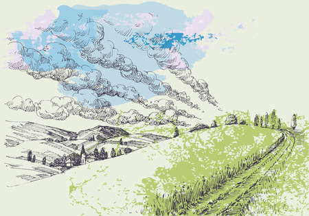 Hand drawn landscape. Green hills and blue sky. Vector illustration.のイラスト素材