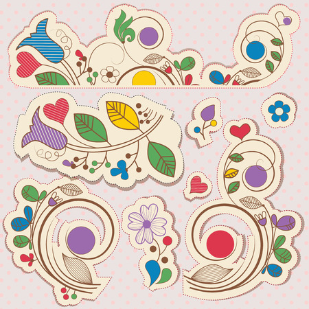 Floral scrapbook design elements over polka dot pattern. Vector illustration.のイラスト素材