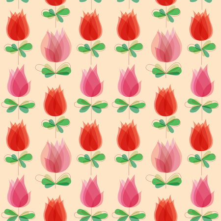 Cute tulips seamless pattern. Red and pink flowers backgroundのイラスト素材