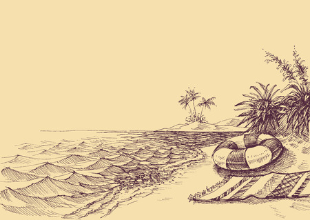 Beach and sea drawing. Beach towel and life buoy in the sandのイラスト素材