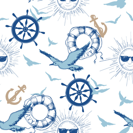 Navy seamless pattern, marine design elementsのイラスト素材