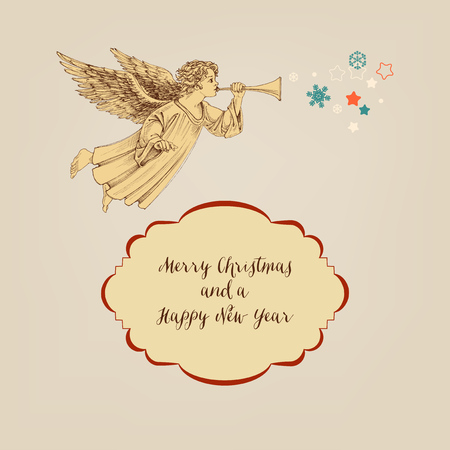 Retro Christmas card, angel and frame for greeting textのイラスト素材