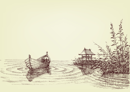 Lake drawing, empty boat on water ripples, cattail and fishery on shoreのイラスト素材