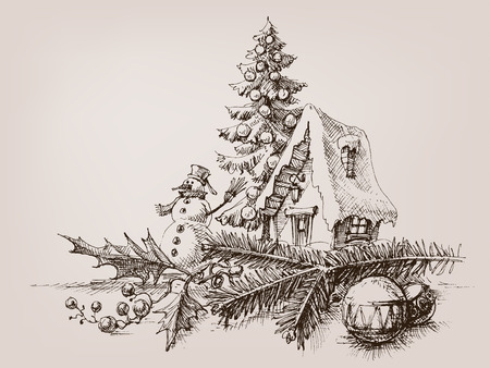 Christmas ornaments, various toys and Christmas treeのイラスト素材