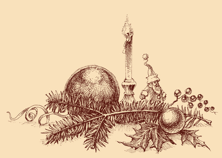 Christmas background in vintage style. pine tree twigs, lit candle and various Christmas ornamentsのイラスト素材