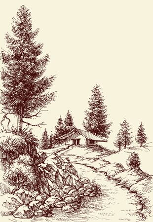 Idyllic landscape hand drawing.  A footpath to the house sketchのイラスト素材