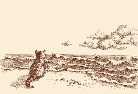 A cat on the beach watching the sea vector hand drawingのイラスト素材