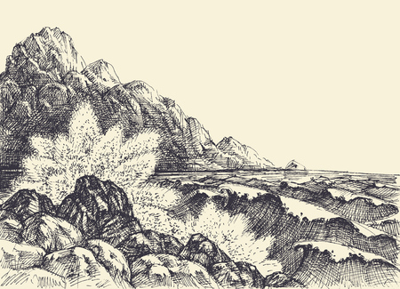 Sea or ocean hand drawing, waves breaking on shoreのイラスト素材