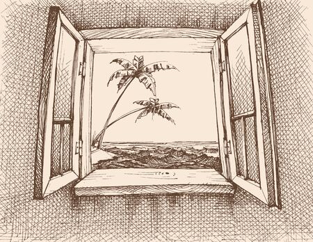 Sea view from window vector hand drawingのイラスト素材