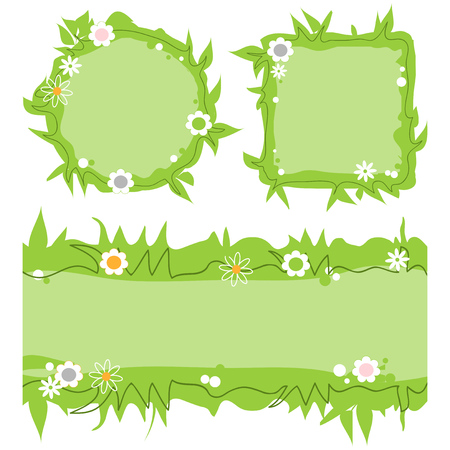 Cute decorative frames set, green grass nature borders, bannersのイラスト素材