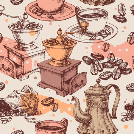 Coffee seamless pattern, coffee mill, kettle and other vintage coffee making itemsのイラスト素材
