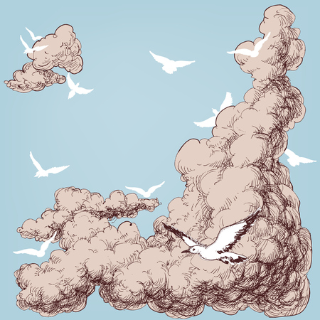 Birds flying in the blue sky backgroundのイラスト素材