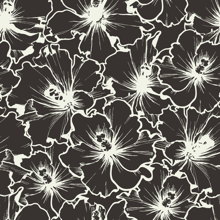 Flowers stems contour seamless pattern. Hibiscus flowers outlines over dark backgroundのイラスト素材