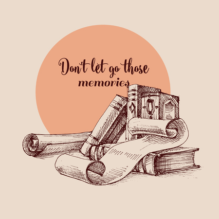 Books and writing design in vintage style. Memories and education backgroundのイラスト素材