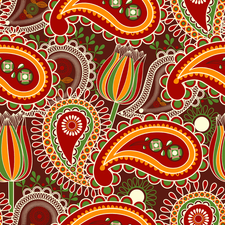 Paisley seamless pattern and tulips over dark backgroundのイラスト素材