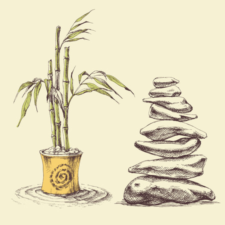 Meditation, spa and relaxation icons set. Bamboo and zen stonesのイラスト素材