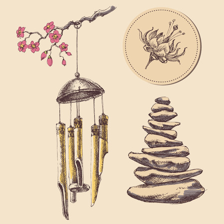 Meditation, spa and relaxation icons set. Wind chimes, zen stones and floral labelのイラスト素材