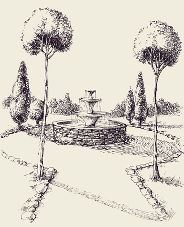 Water fountain in a park hand drawing. Park alley sketchのイラスト素材