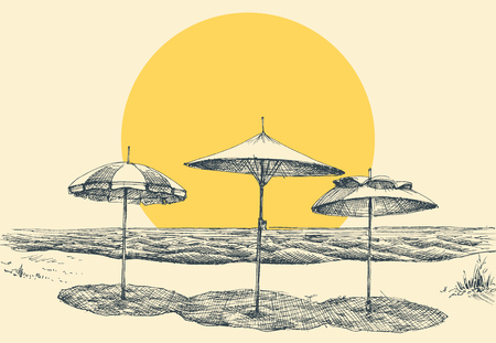 Beach and sea panorama. Umbrellas on the beach by the seaのイラスト素材