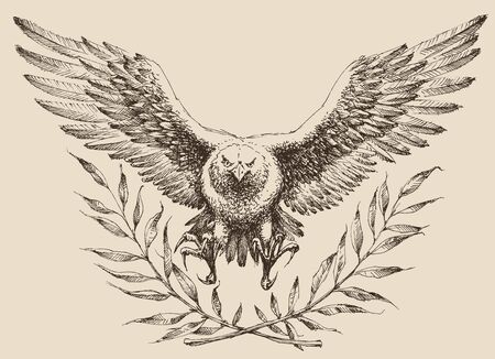 Flying eagle, laurel wreath emblem. Strenght and freedom symbolのイラスト素材