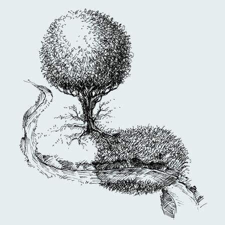 Simple landscape meadow aerial view. Tree and small river or creek sketchのイラスト素材