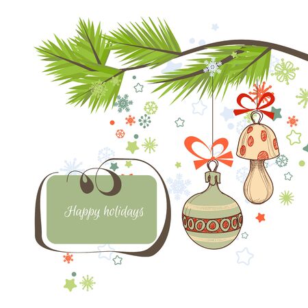 Christmas background, pine tree twig and cute holiday ornaments. Frame for textのイラスト素材