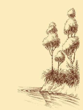 Lake or river shore artistic sketch. Natural landscape backgroundのイラスト素材