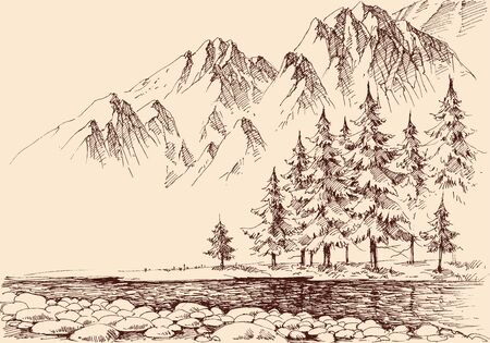 River flow in the mountains, pine trees forest hand drawingのイラスト素材