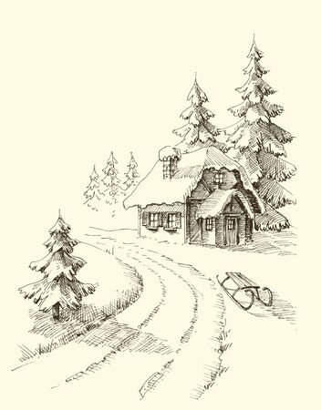 Nature in winter season, pine trees and a house in the snowy landscapeのイラスト素材