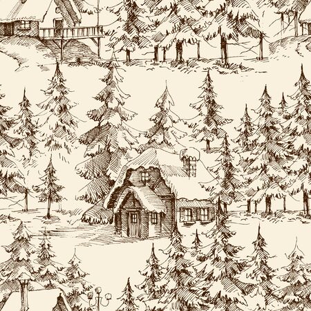 Wooden lodge in the pine forest. Idyllic landscape, holidays retreat seamless patternのイラスト素材