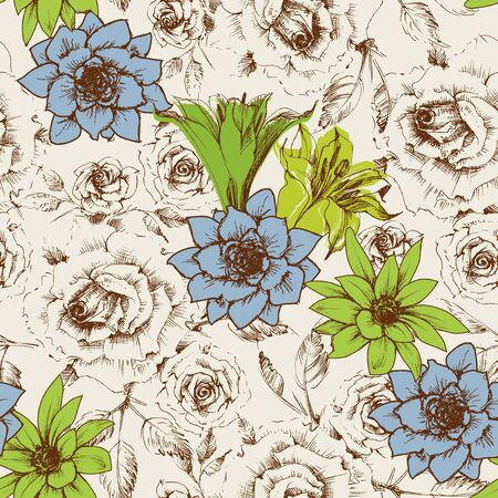 Floral design in retrol colors seamless patternのイラスト素材