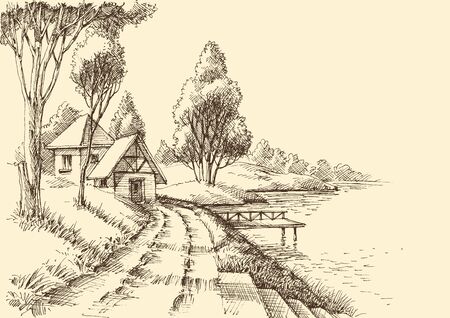 A house by the lake in a beautiful garden nature sketchのイラスト素材