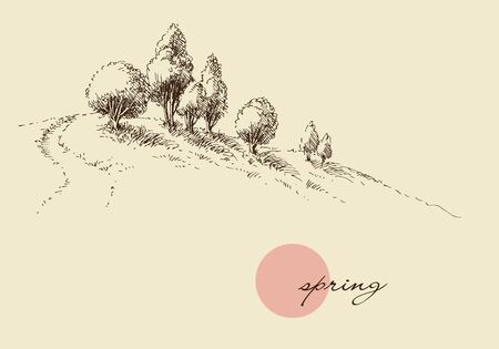 Spring nature wallpaper, trees on a hill sketchのイラスト素材