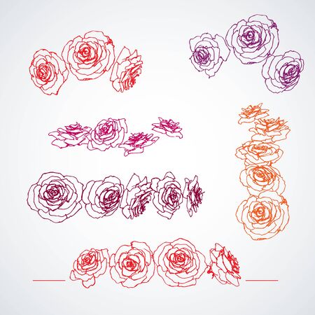 Hand drawn roses in bloom set, page corner decorations, dividers, floral design elementsのイラスト素材