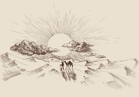 Desert landscape, sand dunes, a traveler and his camel and sunny sky in the backgroundのイラスト素材