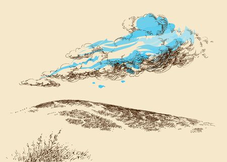 Nature wallpaper, clouds on the top of the hill vector hand drawingのイラスト素材
