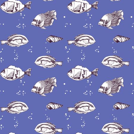 Marine life seamless pattern, sea fish and seashellsのイラスト素材