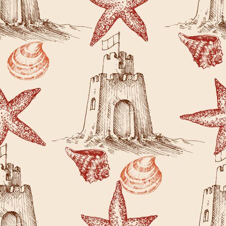 Summer at the beach seamless pattern, sand castle, sea shells, starfish design elementsのイラスト素材