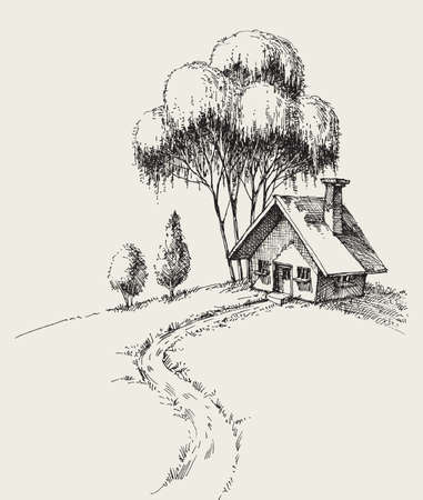 Small house in the garden vector hand drawingのイラスト素材