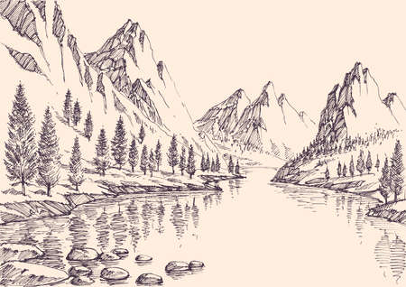 Hand drawn vector illustration of mountain pine forest and alpine riverのイラスト素材
