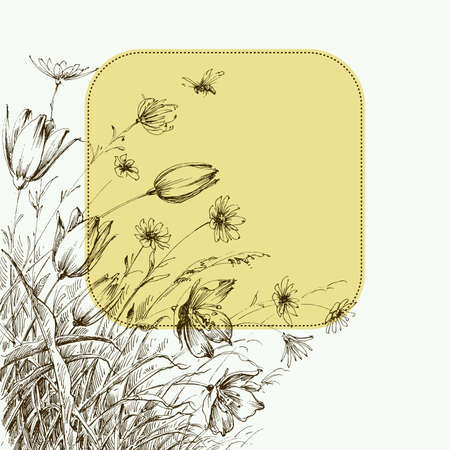 Floral garden corner. Hand drawn flowers greeting cardのイラスト素材