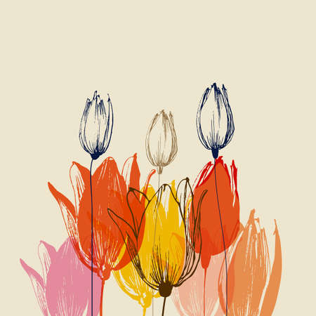 Colorful tulip flower bouquets, border decorations and ornamentsのイラスト素材