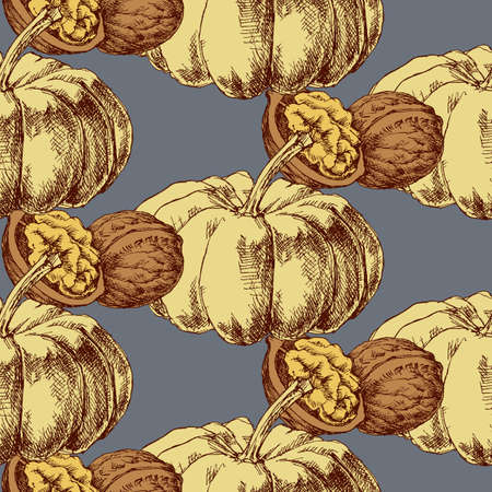 Autumn harvest seamless pattern. Pumpkin and walnuts backgroundのイラスト素材