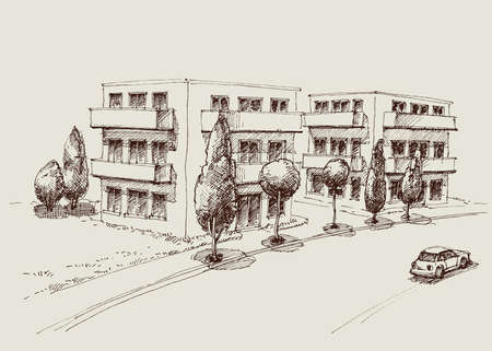 Blocks of flats city sketch. Urban landscape hand drawingのイラスト素材