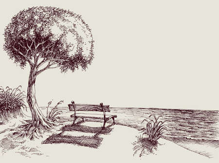 Sea view from a bench in the garden hand drawingのイラスト素材