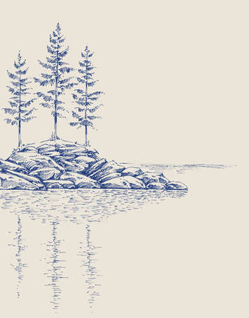Pine trees on a rocky landscape. Trees reflection in the water artistic hand drawingのイラスト素材