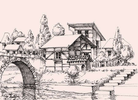 Village houses on a water channell hand drawing. Generic urban architectureのイラスト素材