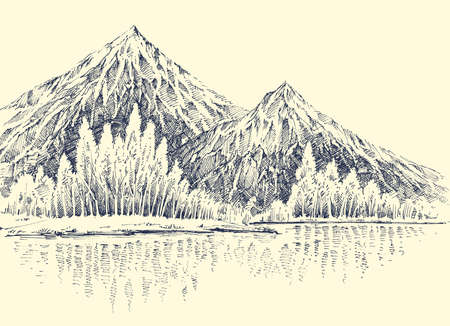 Lake in the mountains, alpine forest  landscape sketchのイラスト素材